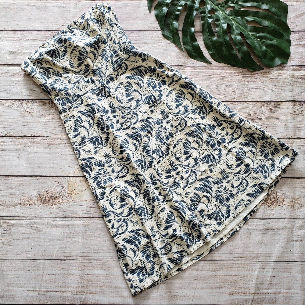 J. Crew Cream Blue Textured Floral Strapless A-Line Skater Midi Dress 6